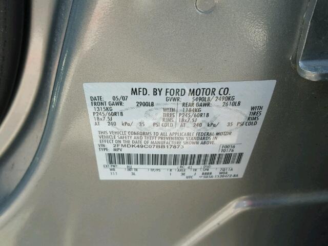 2FMDK49C07BB17873 - 2007 FORD EDGE SILVER photo 10