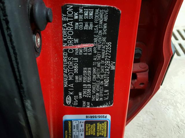 KNDJT2A22B7272356 - 2011 KIA SOUL + RED photo 10