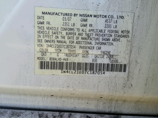 1N4CL21E07C187054 - 2007 NISSAN ALTIMA HYB WHITE photo 10