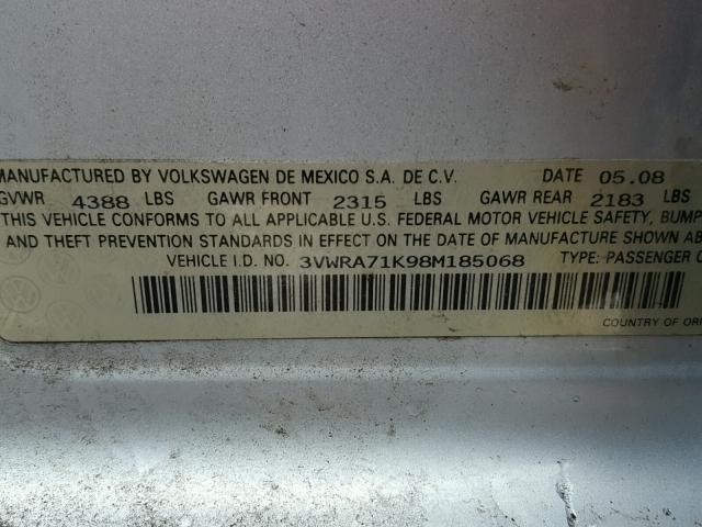 3VWRA71K98M185068 - 2008 VOLKSWAGEN JETTA WOLF SILVER photo 10