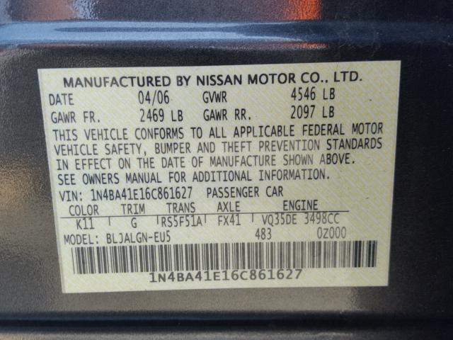 1N4BA41E16C861627 - 2006 NISSAN MAXIMA SE SILVER photo 10