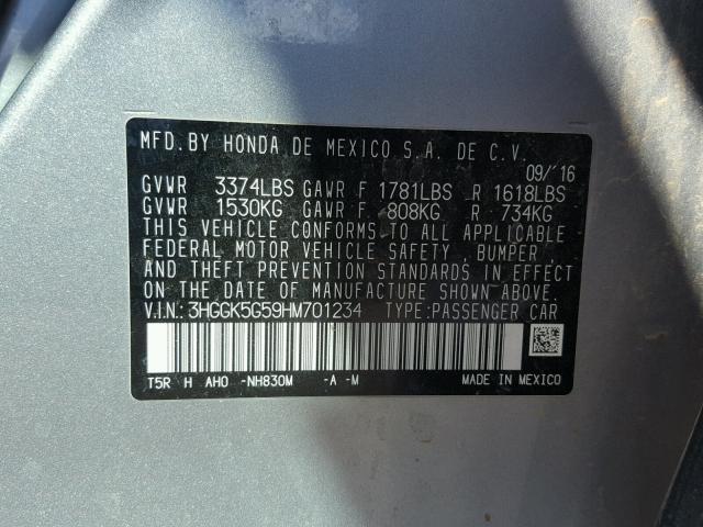 3HGGK5G59HM701234 - 2017 HONDA FIT LX SILVER photo 10