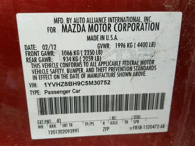 1YVHZ8BH9C5M30752 - 2012 MAZDA 6 I TWO TONE photo 10