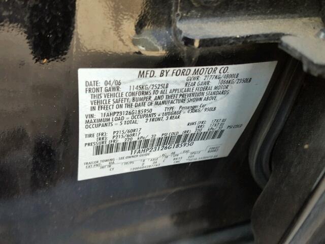 1FAHP23126G185950 - 2006 FORD FIVE HUNDR BLACK photo 10