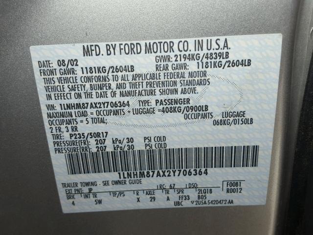 1LNHM87AX2Y706364 - 2002 LINCOLN LS 银色 照片 10