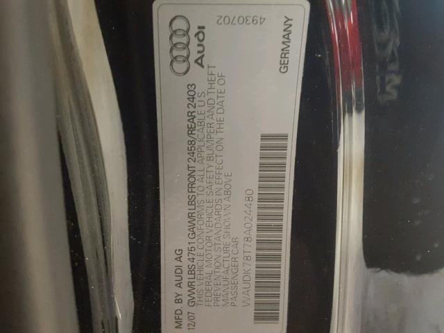 WAUDK78T78A024480 - 2008 AUDI A5 QUATTRO BLACK photo 10