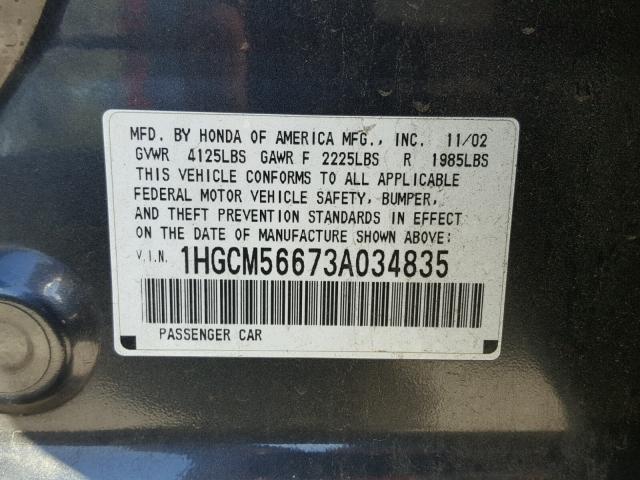 1HGCM56673A034835 - 2003 HONDA ACCORD EX GRAY photo 10