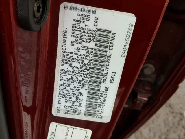 4T1BF32K82U001704 - 2002 TOYOTA CAMRY LE RED photo 10