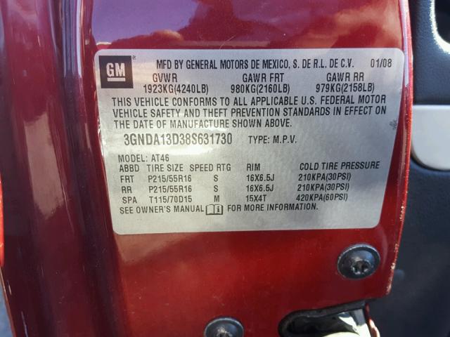 3GNDA13D38S631730 - 2008 CHEVROLET HHR LS MAROON photo 10