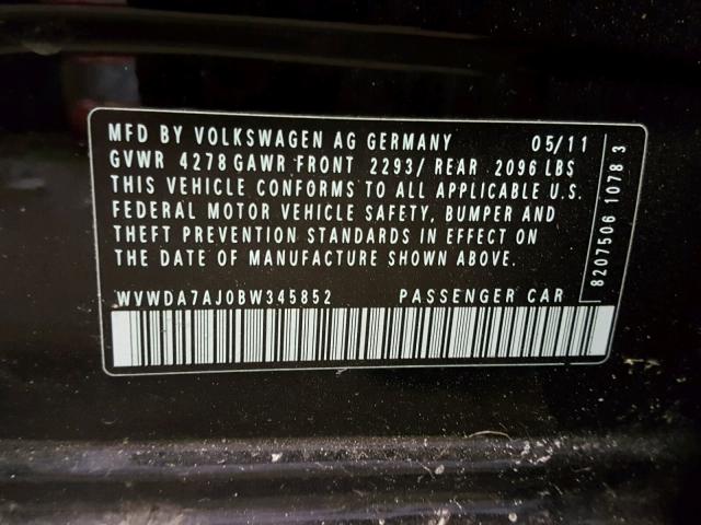 WVWDA7AJ0BW345852 - 2011 VOLKSWAGEN GOLF 黑色 照片 10