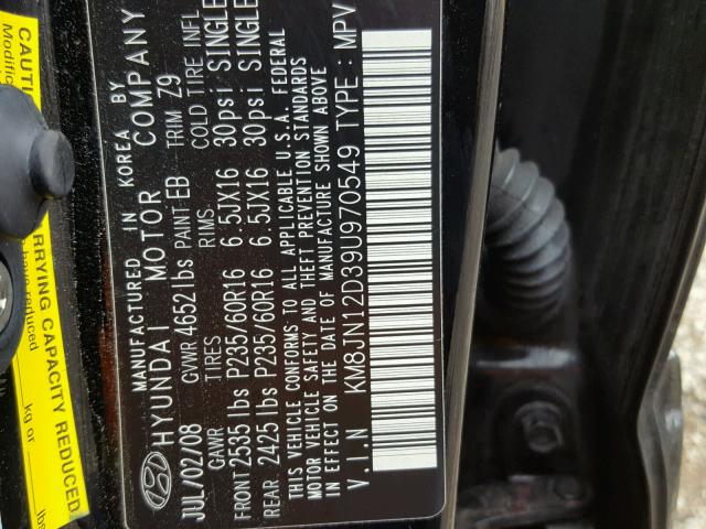 KM8JN12D39U970549 - 2009 HYUNDAI TUCSON SE BLACK photo 10