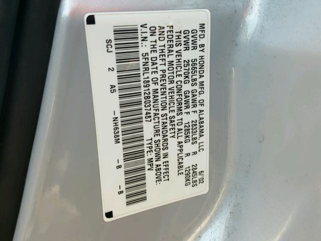 5FNRL18912B037487 - 2002 HONDA ODYSSEY EX SILVER photo 10