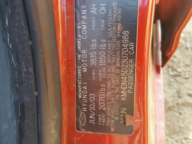 KMHDN45D23U704988 - 2003 HYUNDAI ELANTRA GL RED photo 10