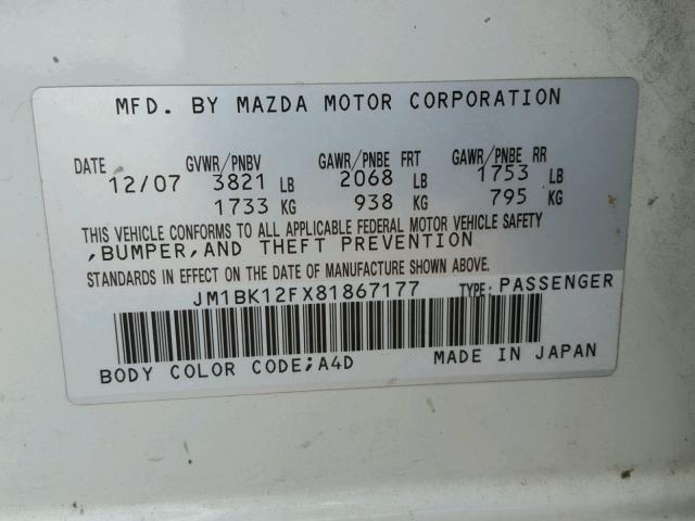 JM1BK12FX81867177 - 2008 MAZDA 3 I WHITE photo 10