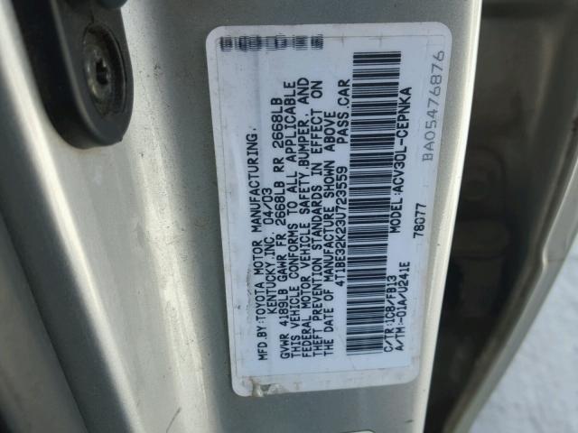 4T1BE32K23U723559 - 2003 TOYOTA CAMRY LE SILVER photo 10