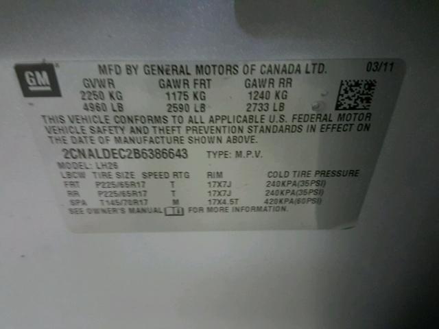 2CNALDEC2B6386643 - 2011 CHEVROLET EQUINOX LT SILVER photo 10