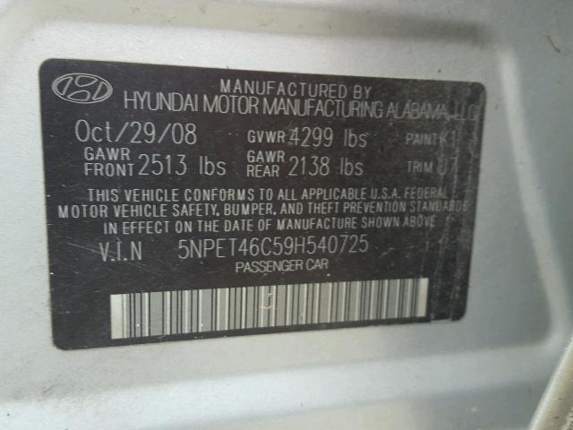 5NPET46C59H540725 - 2009 HYUNDAI SONATA GLS SILVER photo 10