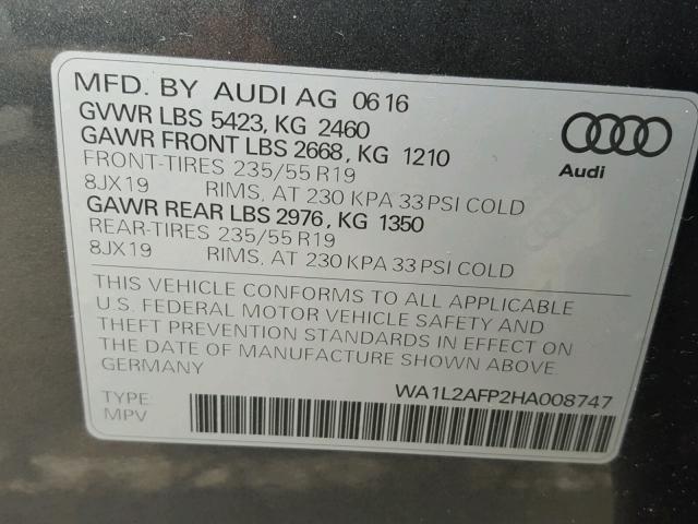 WA1L2AFP2HA008747 - 2017 AUDI Q5 PREMIUM GRAY photo 10