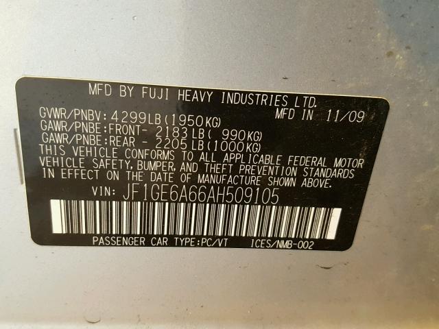 JF1GE6A66AH509105 - 2010 SUBARU IMPREZA 2. SILVER photo 10