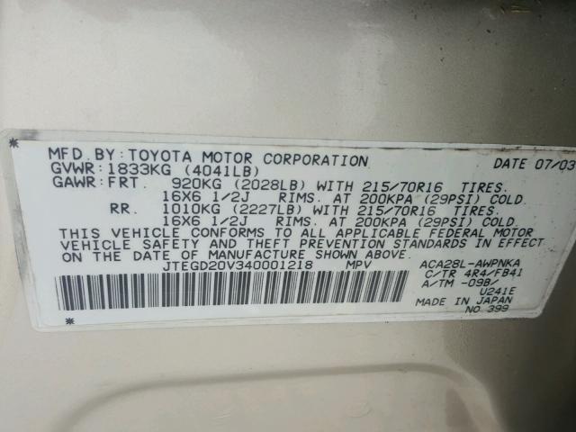 JTEGD20V340001218 - 2004 TOYOTA RAV4 GOLD photo 10