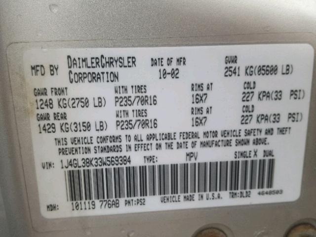 1J4GL38K33W569384 - 2003 JEEP LIBERTY RE SILVER photo 10