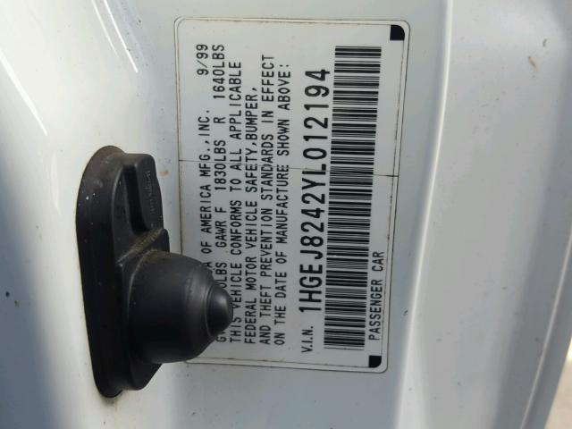 1HGEJ8242YL012194 - 2000 HONDA CIVIC EX WHITE photo 10