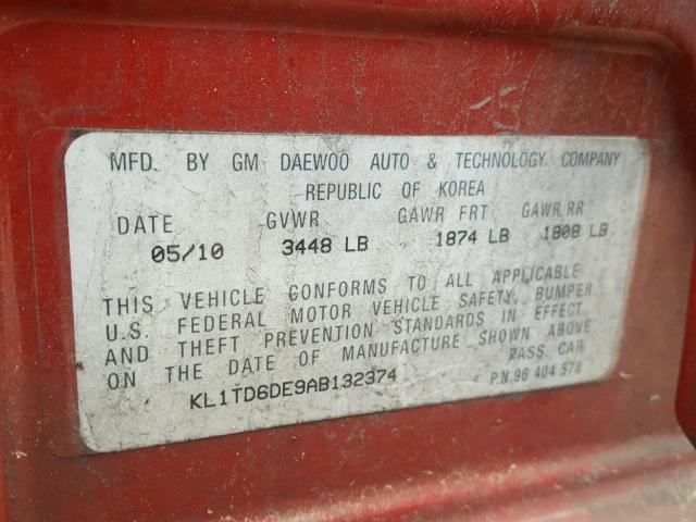 KL1TD6DE9AB132374 - 2010 CHEVROLET AVEO LS RED photo 10