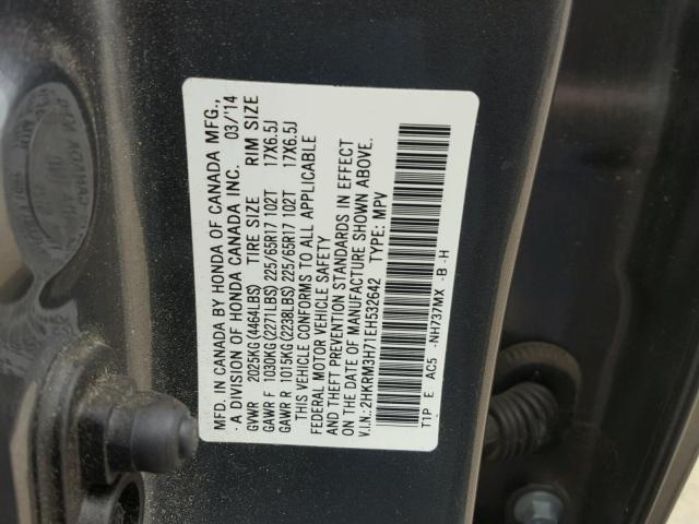 2HKRM3H71EH532642 - 2014 HONDA CR-V EXL GRAY photo 10