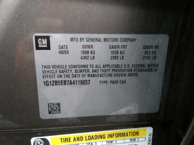 1G1ZB5EB7A4119837 - 2010 CHEVROLET MALIBU LS ყავისფერი ფოტო 10