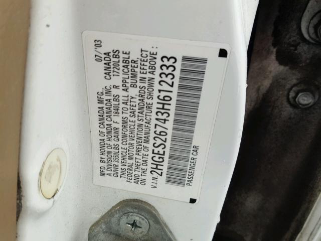 2HGES26743H612333 - 2003 HONDA CIVIC EX WHITE photo 10