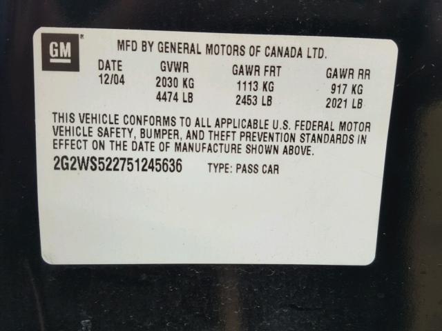 2G2WS522751245636 - 2005 PONTIAC GRAND PRIX BLACK photo 10