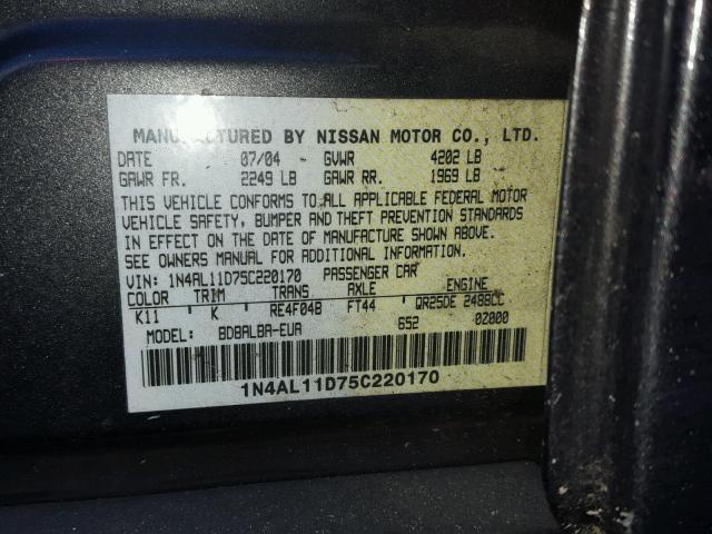 1N4AL11D75C220170 - 2005 NISSAN ALTIMA S GRAY photo 10