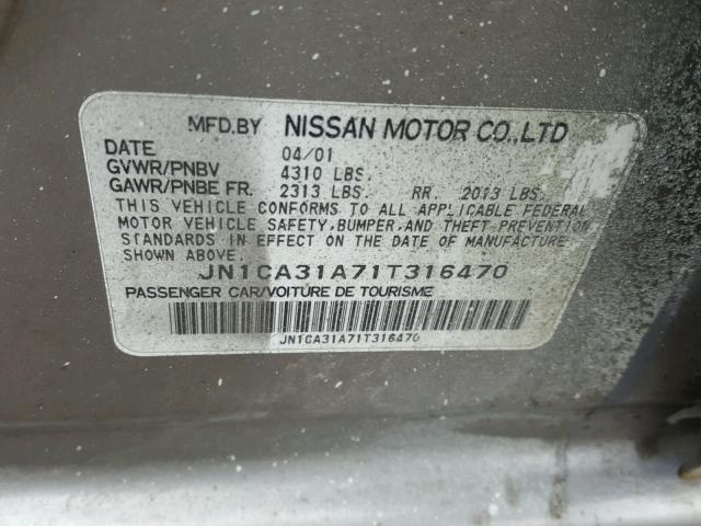 JN1CA31A71T316470 - 2001 NISSAN MAXIMA GXE SILVER photo 10