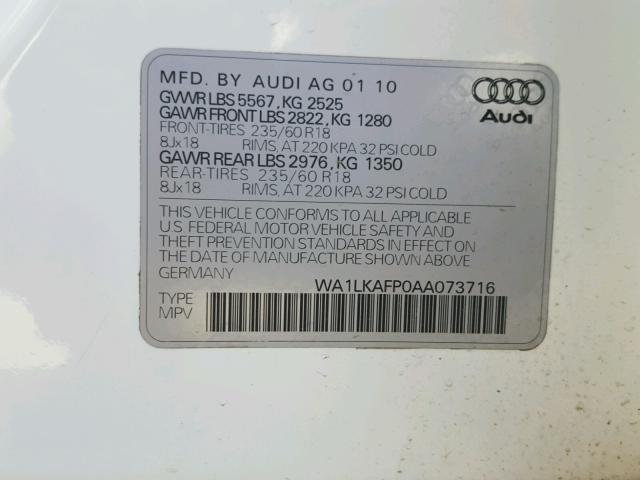 WA1LKAFP0AA073716 - 2010 AUDI Q5 PREMIUM WHITE photo 10