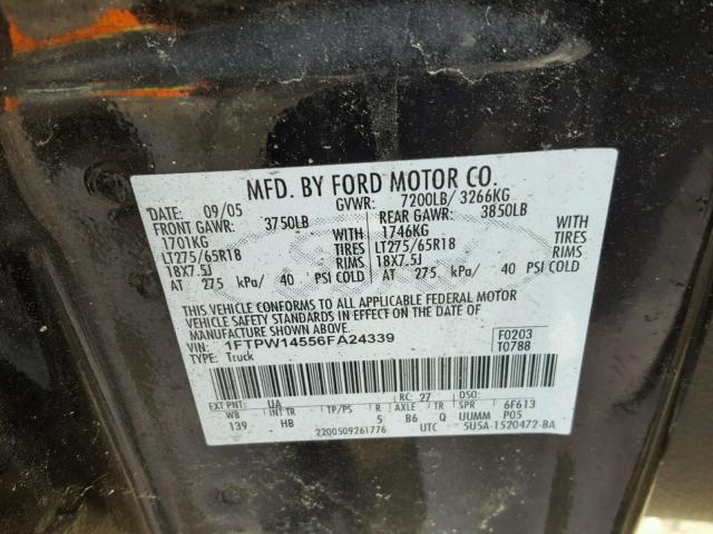 1FTPW14556FA24339 - 2006 FORD F150 SUPER BLACK photo 10