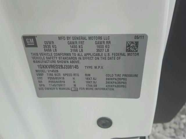 1GKKVRED2BJ398145 - 2011 GMC ACADIA SLT თეთრი ფოტო 10