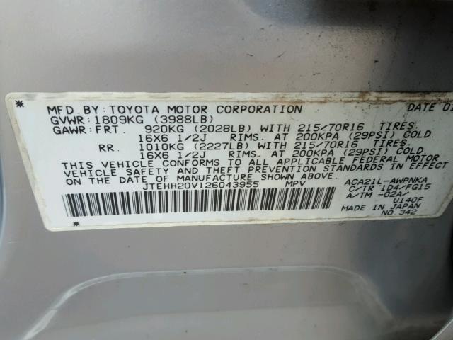 JTEHH20V126043955 - 2002 TOYOTA RAV4 SILVER photo 10