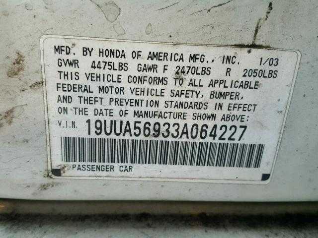 19UUA56933A064227 - 2003 ACURA 3.2TL TYPE WHITE photo 10