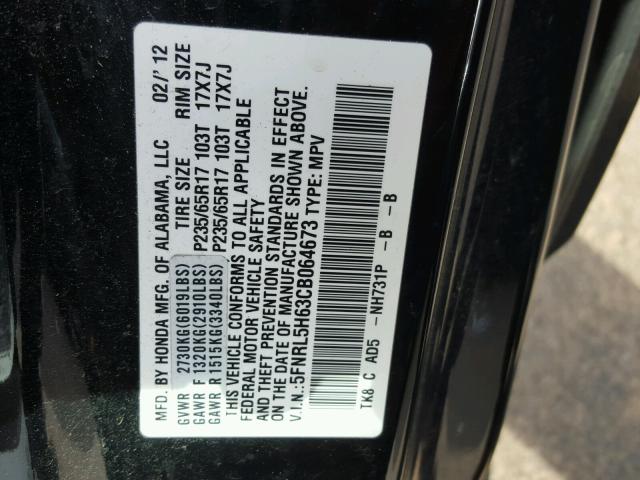 5FNRL5H63CB064673 - 2012 HONDA ODYSSEY EX BLACK photo 10