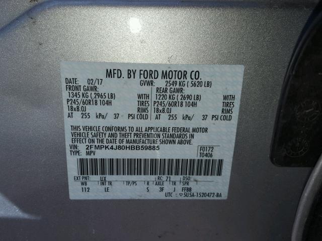 2FMPK4J80HBB59885 - 2017 FORD EDGE SEL SILVER photo 10