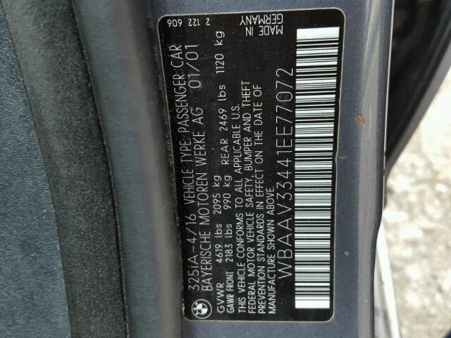 WBAAV33441EE77072 - 2001 BMW 325 I BLUE photo 10