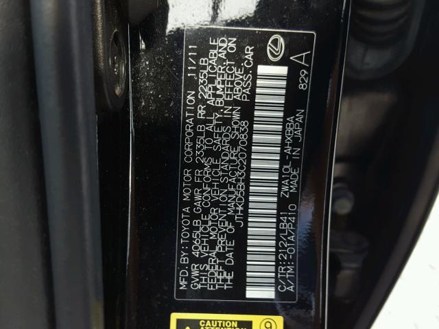 JTHKD5BH3C2070838 - 2012 LEXUS CT 200 BLACK photo 10