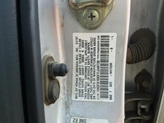 1HGFA168X7L048738 - 2007 HONDA CIVIC EX Gümüş foto 10