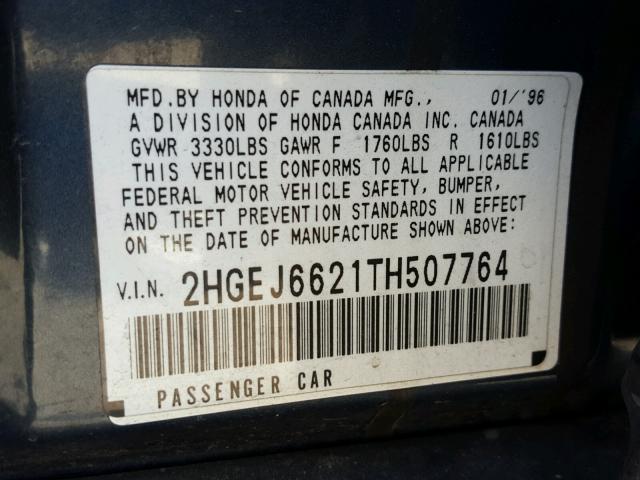 2HGEJ6621TH507764 - 1996 HONDA CIVIC DX BLUE photo 10