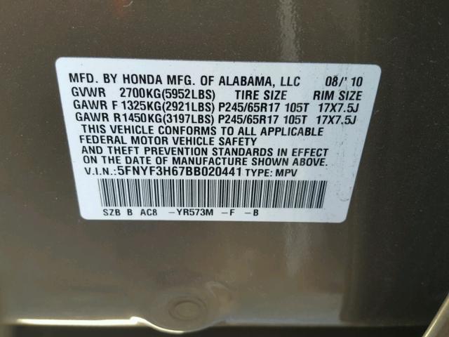 5FNYF3H67BB020441 - 2011 HONDA PILOT EXL GOLD photo 10