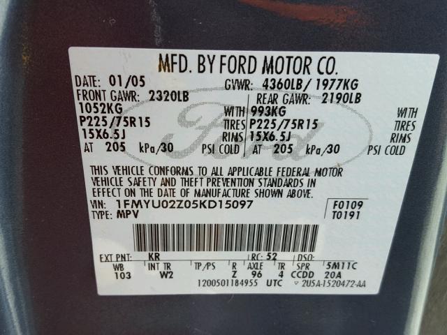 1FMYU02Z05KD15097 - 2005 FORD ESCAPE XLS BLUE photo 10