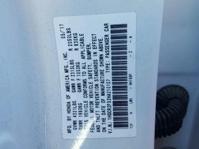 1HGCR2F52HA210107 - 2017 HONDA ACCORD SPO WHITE photo 10