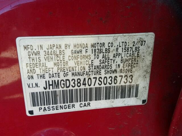 JHMGD38407S036733 - 2007 HONDA FIT RED photo 10