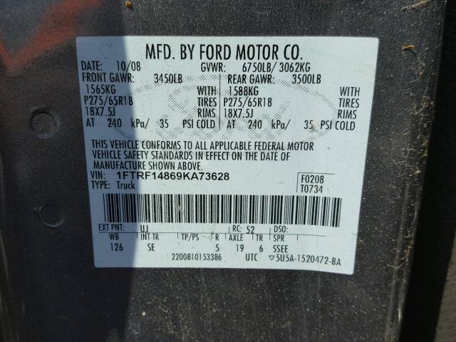 1FTRF14869KA73628 - 2009 FORD F150 GRAY photo 10