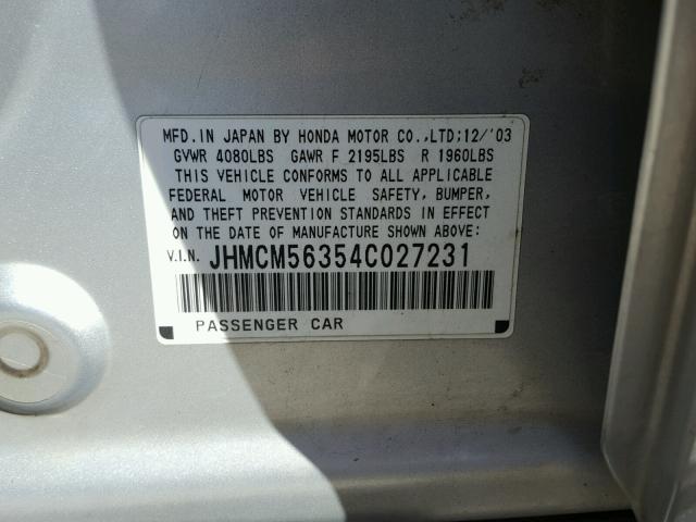 JHMCM56354C027231 - 2004 HONDA ACCORD LX SILVER photo 10